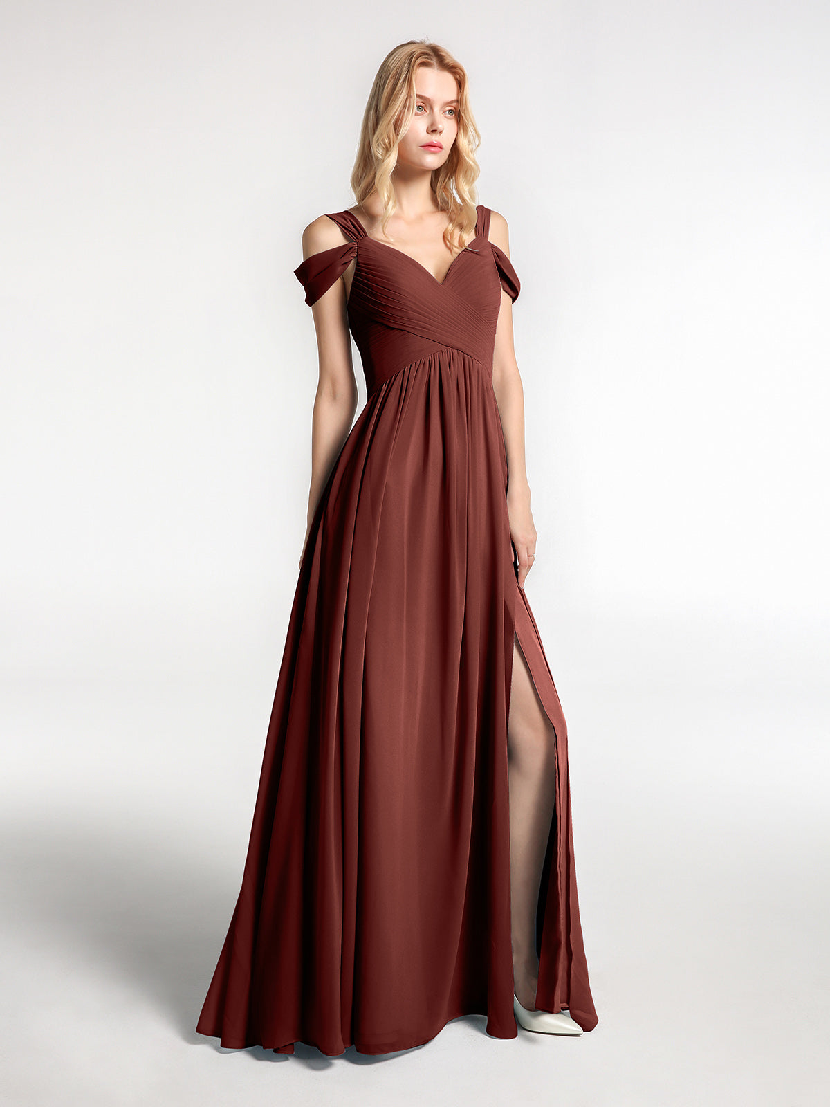 Vestido maxi con cintura imperio y hombros descubiertos con abertura Terracota Tallas Grandes