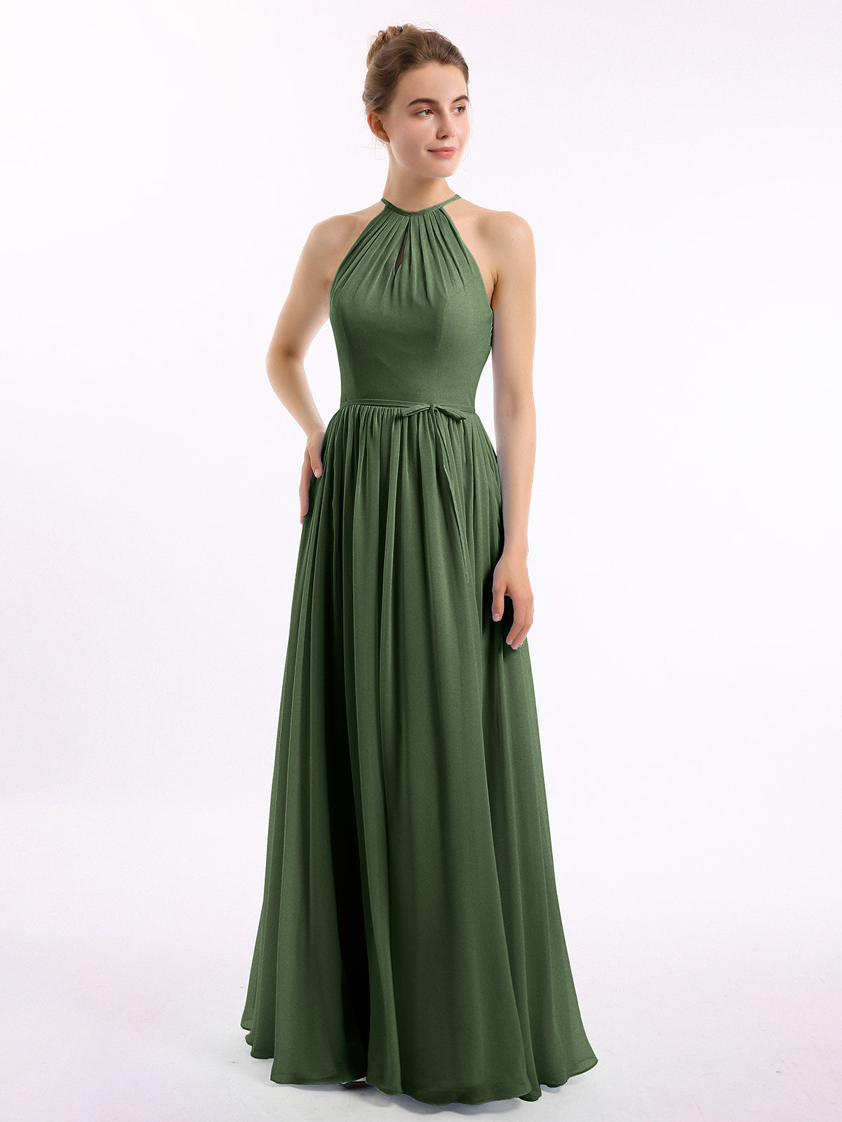 Vestidos largos de chiffon estilo halter con espalda descubierta Verde Oliva