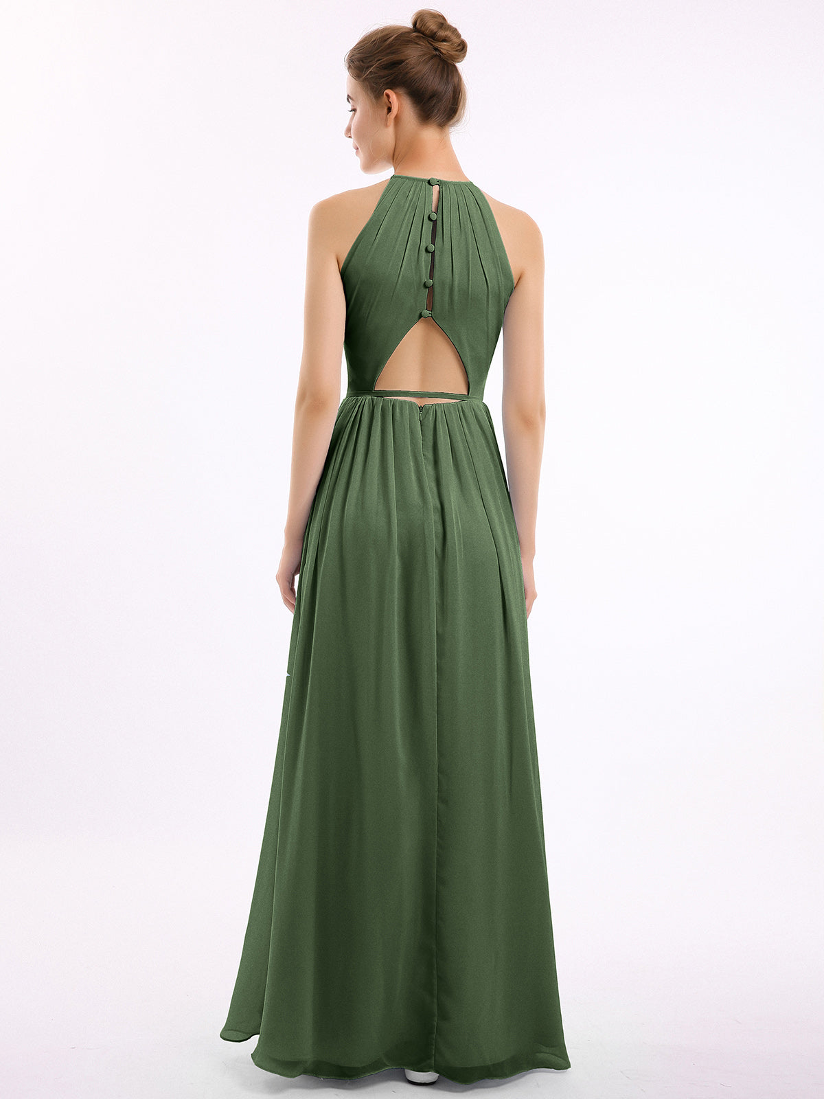 Vestidos largos de chiffon estilo halter con espalda descubierta Verde Oliva