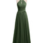 Vestidos largos de chiffon estilo halter con espalda descubierta Verde Oliva