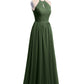 Vestidos largos de chiffon estilo halter con espalda descubierta Verde Oliva