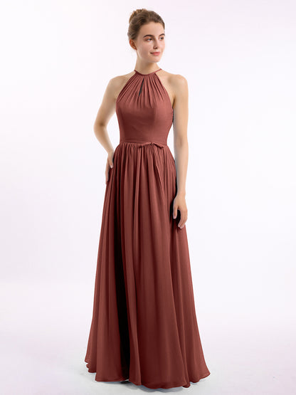 Vestidos largos de chiffon estilo halter con espalda descubierta Terracota Tallas Grandes