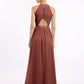 Vestidos largos de chiffon estilo halter con espalda descubierta Terracota