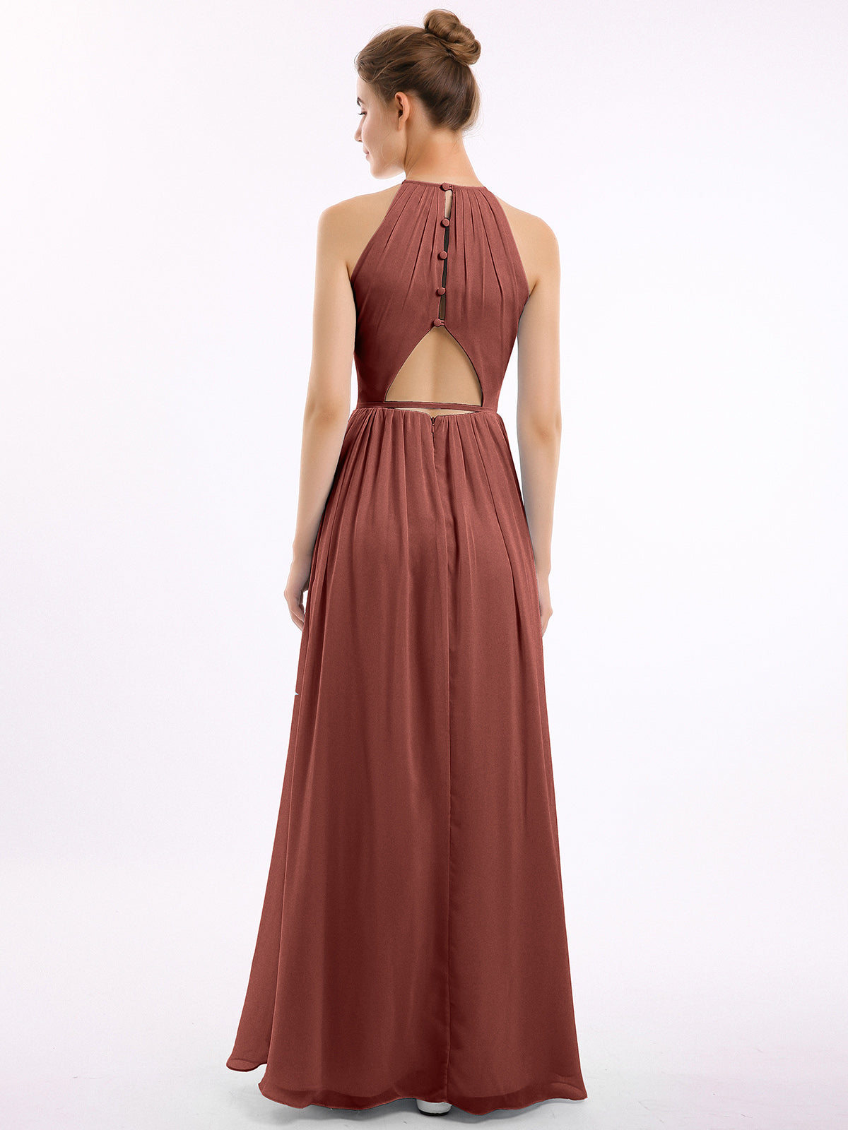 Vestidos largos de chiffon estilo halter con espalda descubierta Terracota Tallas Grandes