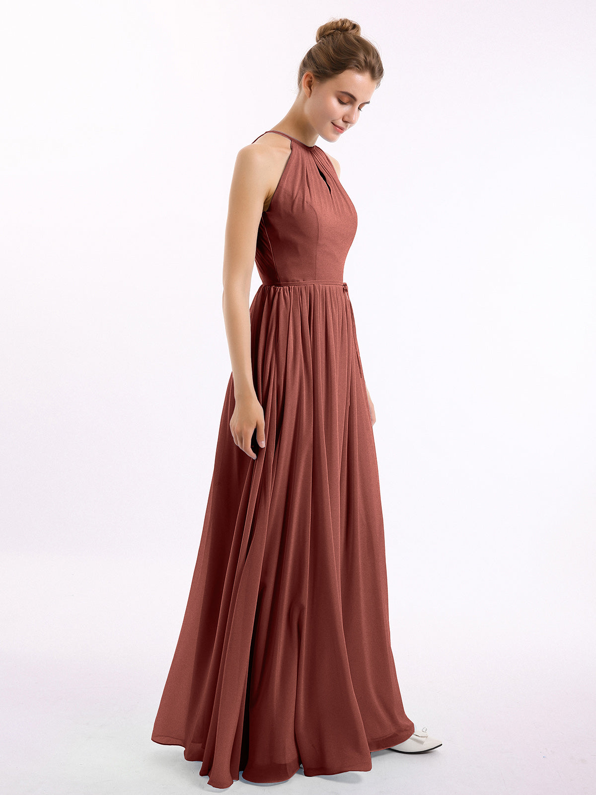 Vestidos largos de chiffon estilo halter con espalda descubierta Terracota Tallas Grandes