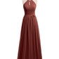 Vestidos largos de chiffon estilo halter con espalda descubierta Terracota Tallas Grandes