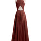 Vestidos largos de chiffon estilo halter con espalda descubierta Terracota