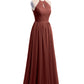 Vestidos largos de chiffon estilo halter con espalda descubierta Terracota