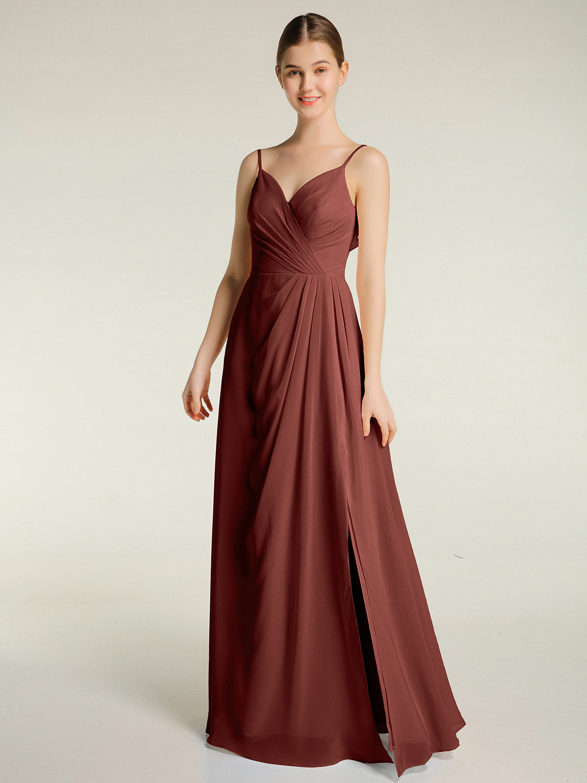 Vestidos con tirantes finos y escote en V con abertura Terracota Tallas Grandes