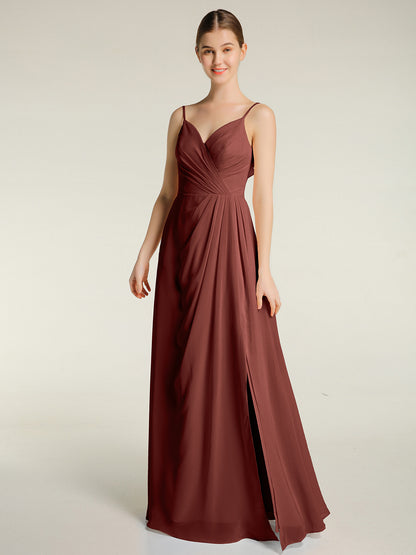 Vestidos con tirantes finos y escote en V con abertura Terracota Tallas Grandes