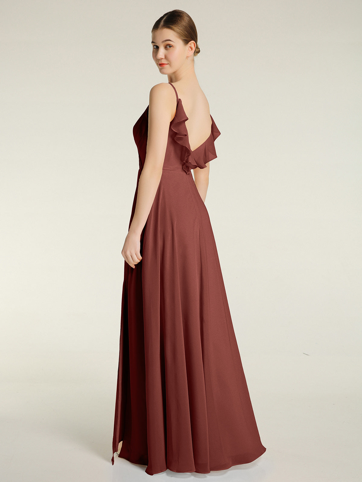 Vestidos con tirantes finos y escote en V con abertura Terracota Tallas Grandes