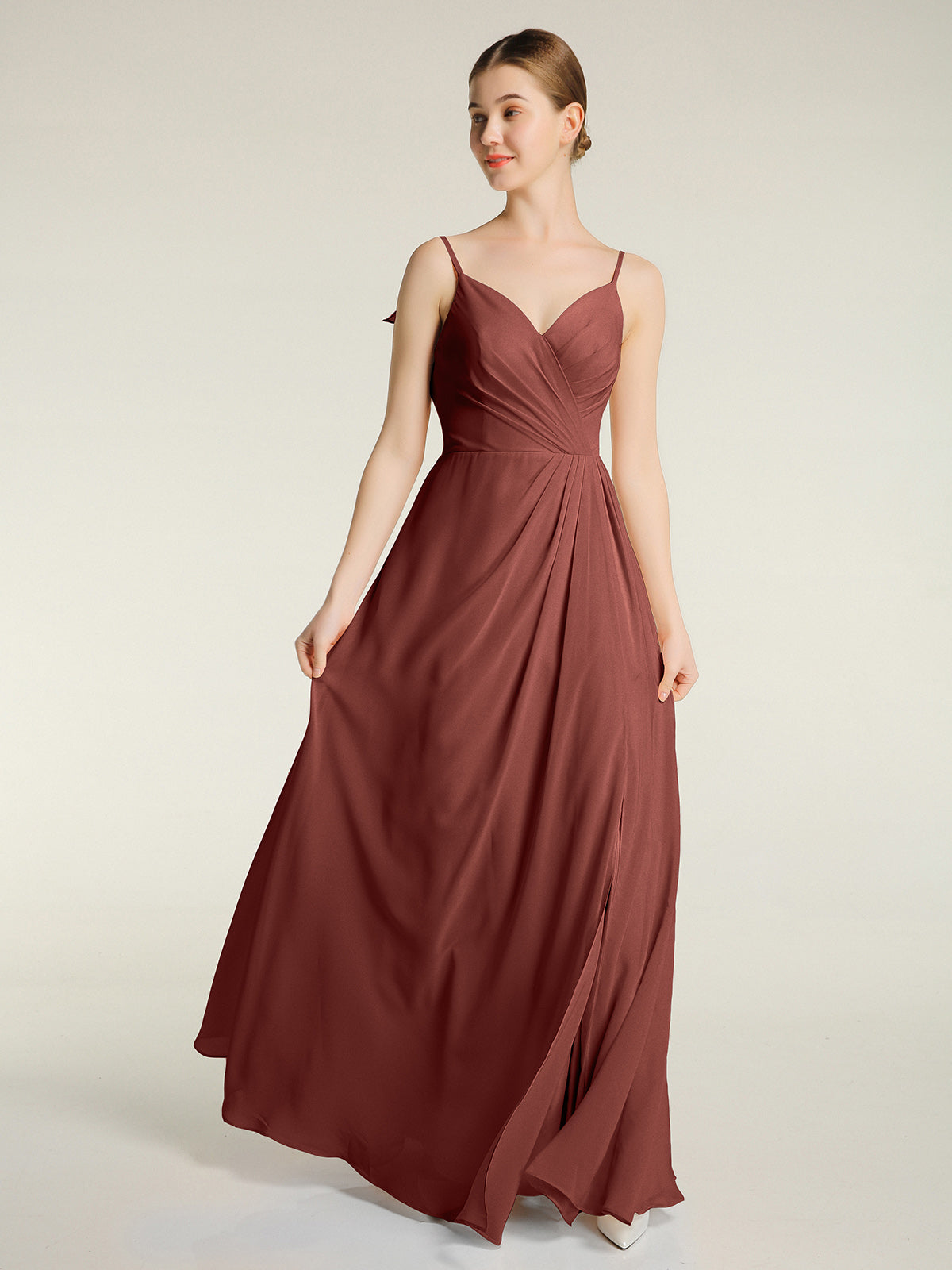 Vestidos con tirantes finos y escote en V con abertura Terracota Tallas Grandes
