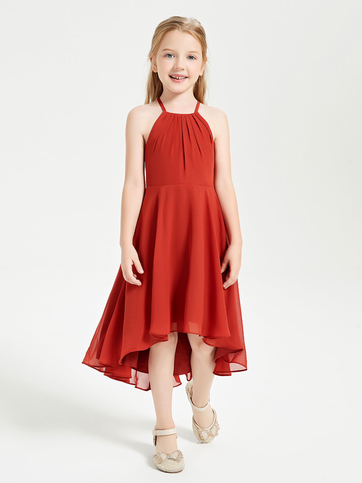 Vestidos Modernos Para Damas De Honor Junior De Longitud Té Con Falda AsiméTrica Champán