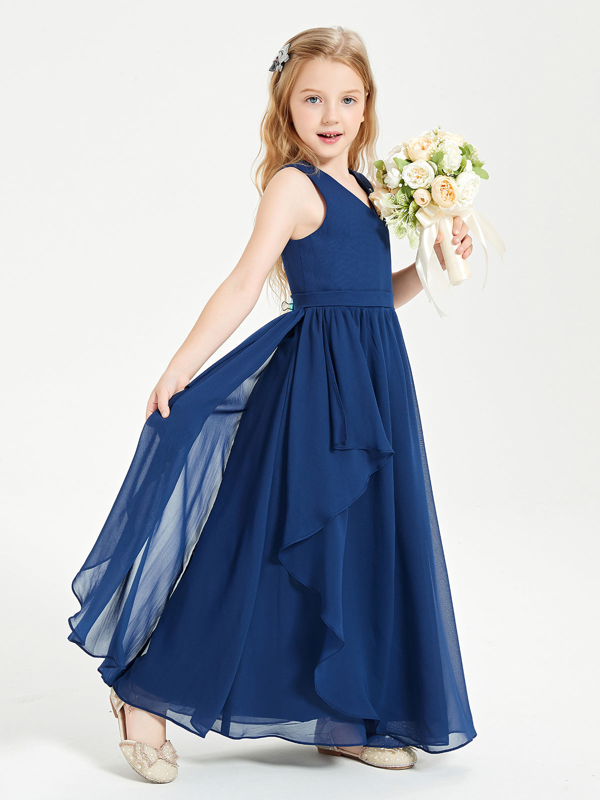 Vestidos Boho Sin Mangas De Chiffon Para Damas De Honor Junior Con Escote En V Azul Marino