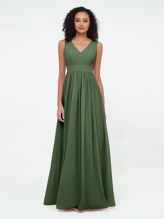 Vestidos largos de chiffon con escote en V y espalda abierta Verde Oliva