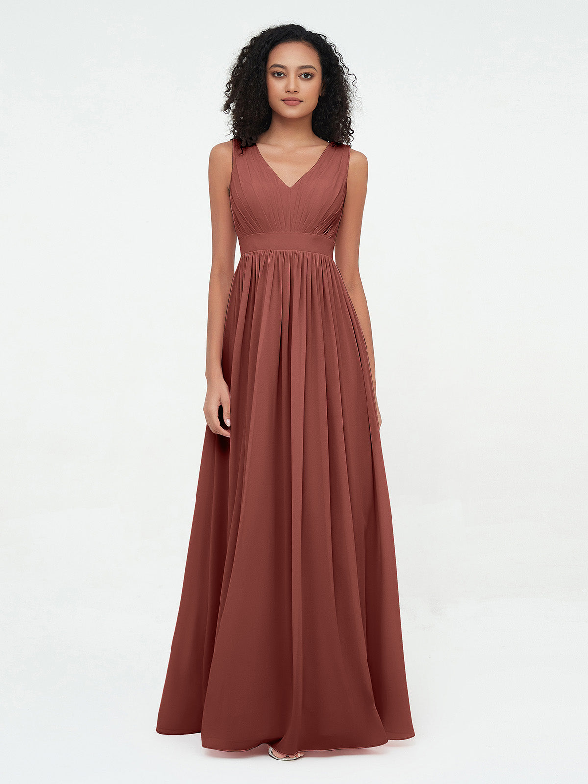 Vestidos largos de chiffon con escote en V y espalda abierta Terracota
