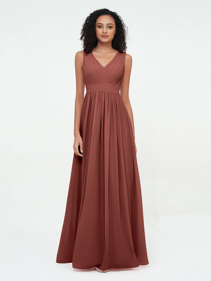 Vestidos largos de chiffon con escote en V y espalda abierta Terracota Tallas Grandes