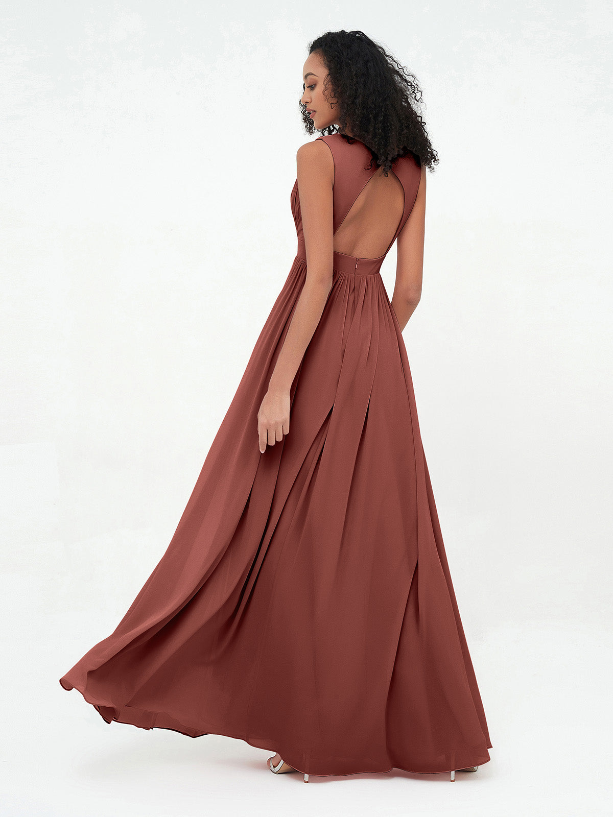 Vestidos largos de chiffon con escote en V y espalda abierta Terracota Tallas Grandes
