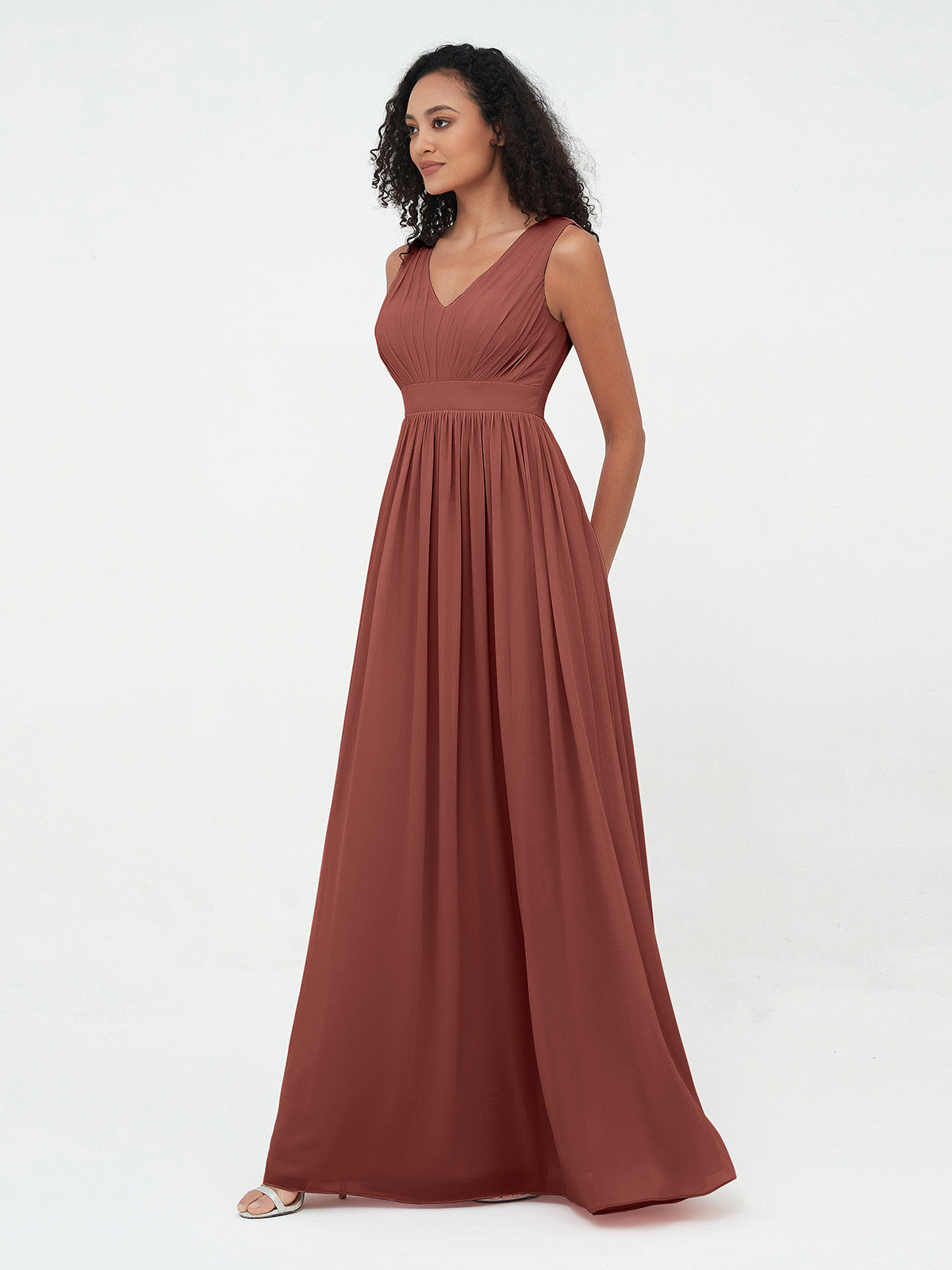 Vestidos largos de chiffon con escote en V y espalda abierta Terracota Tallas Grandes