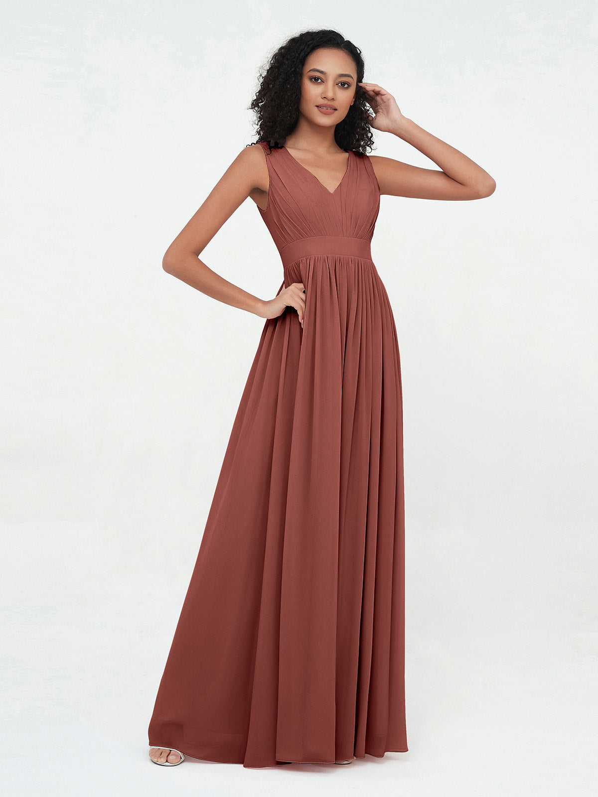 Vestidos largos de chiffon con escote en V y espalda abierta Terracota