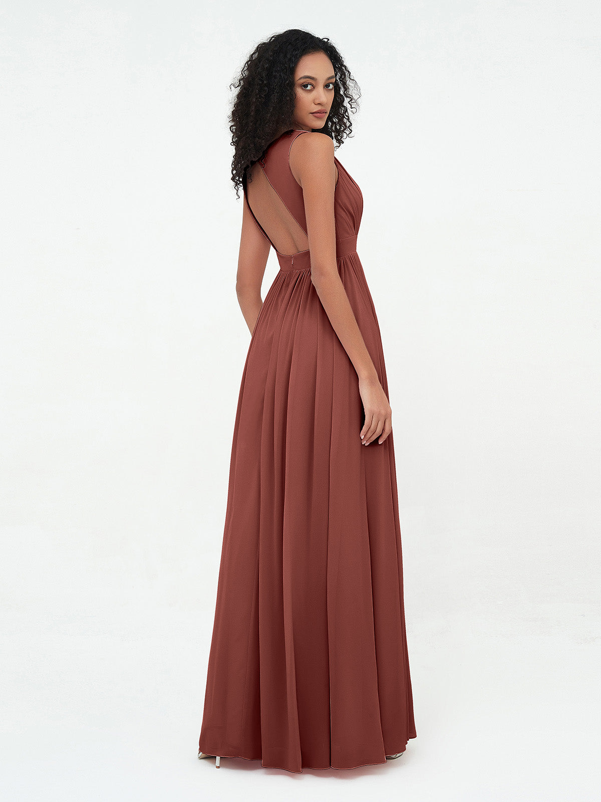 Vestidos largos de chiffon con escote en V y espalda abierta Terracota