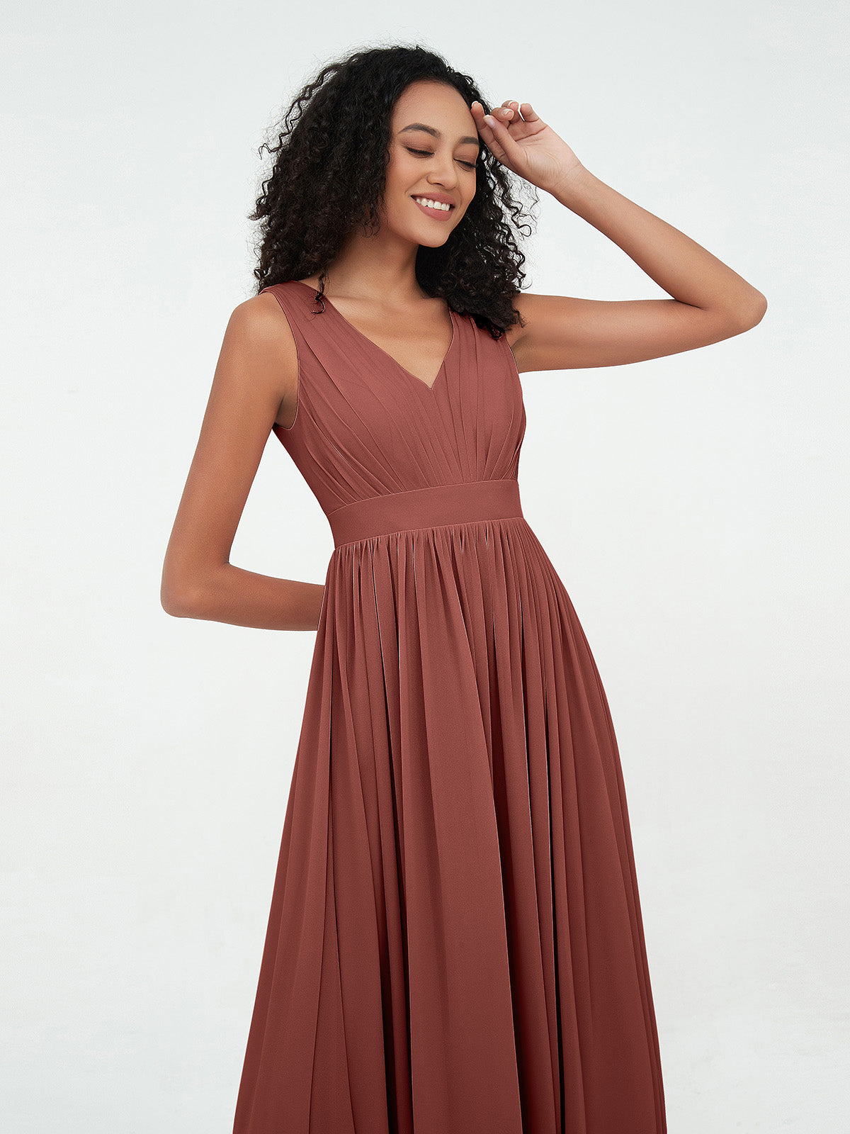 Vestidos largos de chiffon con escote en V y espalda abierta Terracota