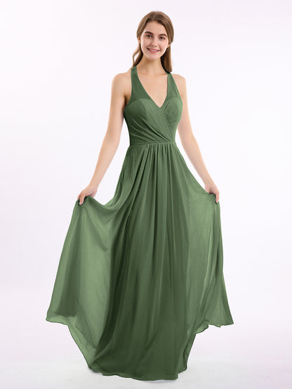 Vestido de chiffon con escote en V y tirantes de lazo Verde Oliva Tallas Grandes