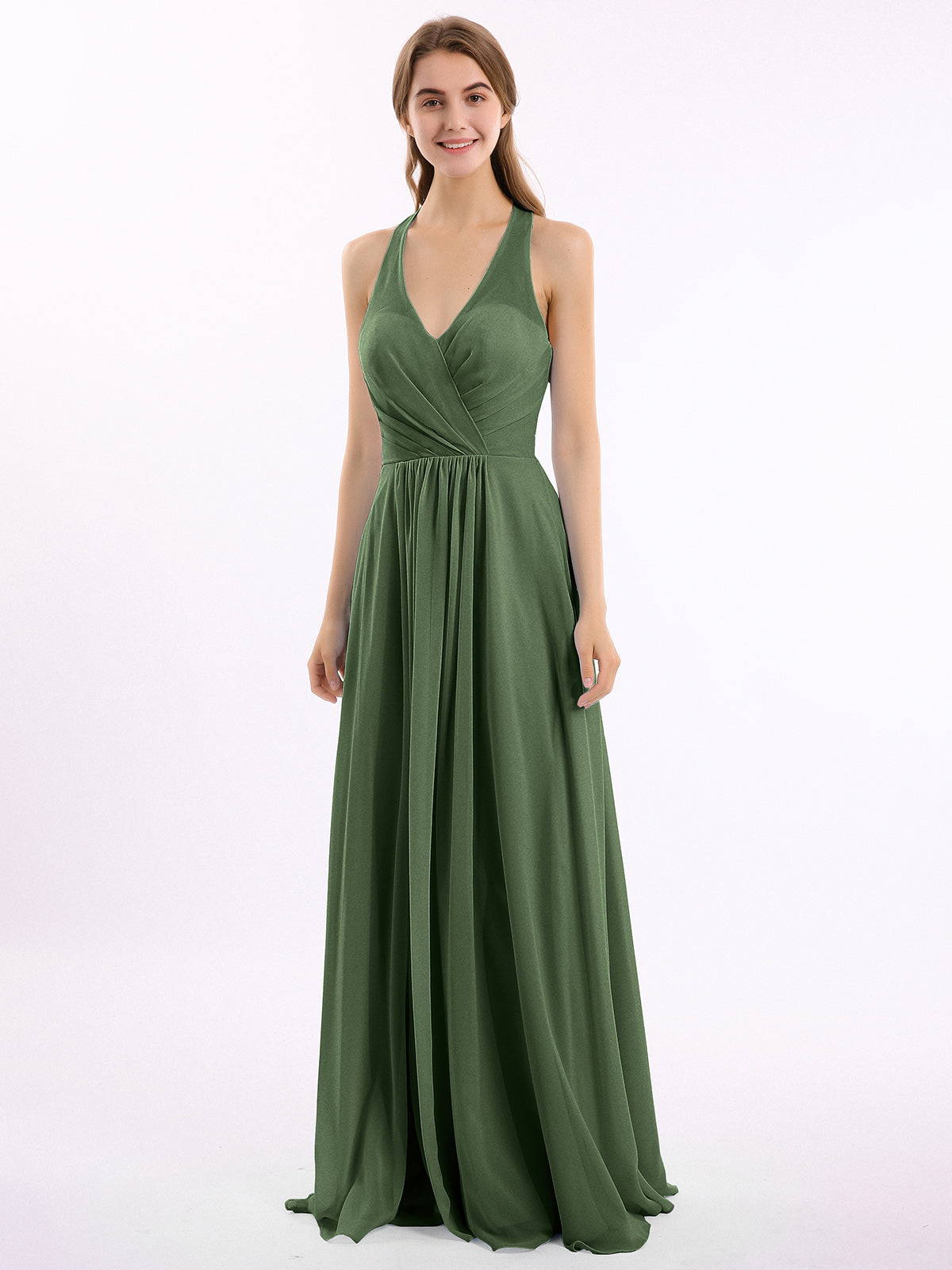 Vestido de chiffon con escote en V y tirantes de lazo Verde Oliva Tallas Grandes