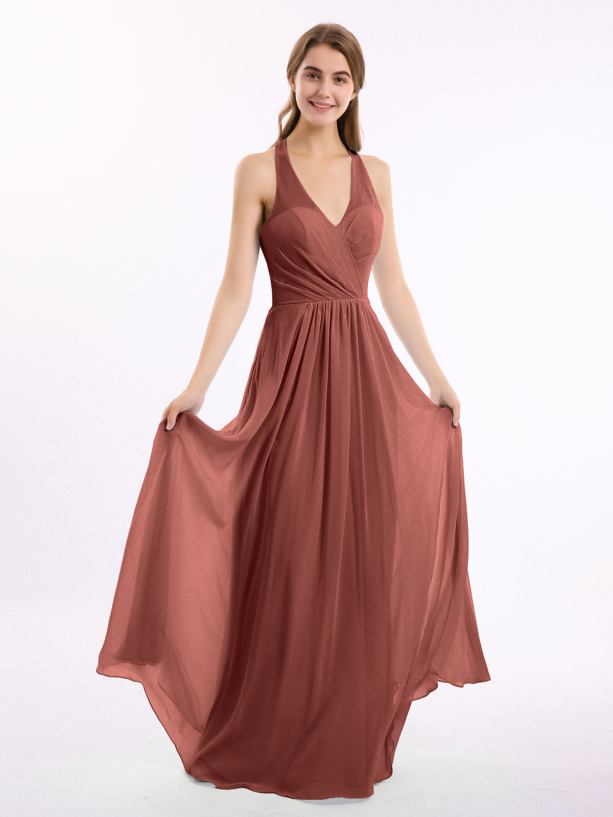 Vestido de chiffon con escote en V y tirantes de lazo Terracota Tallas Grandes