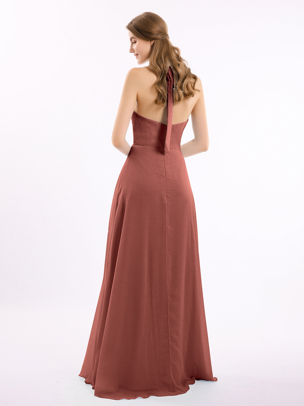 Vestido de chiffon con escote en V y tirantes de lazo Terracota Tallas Grandes