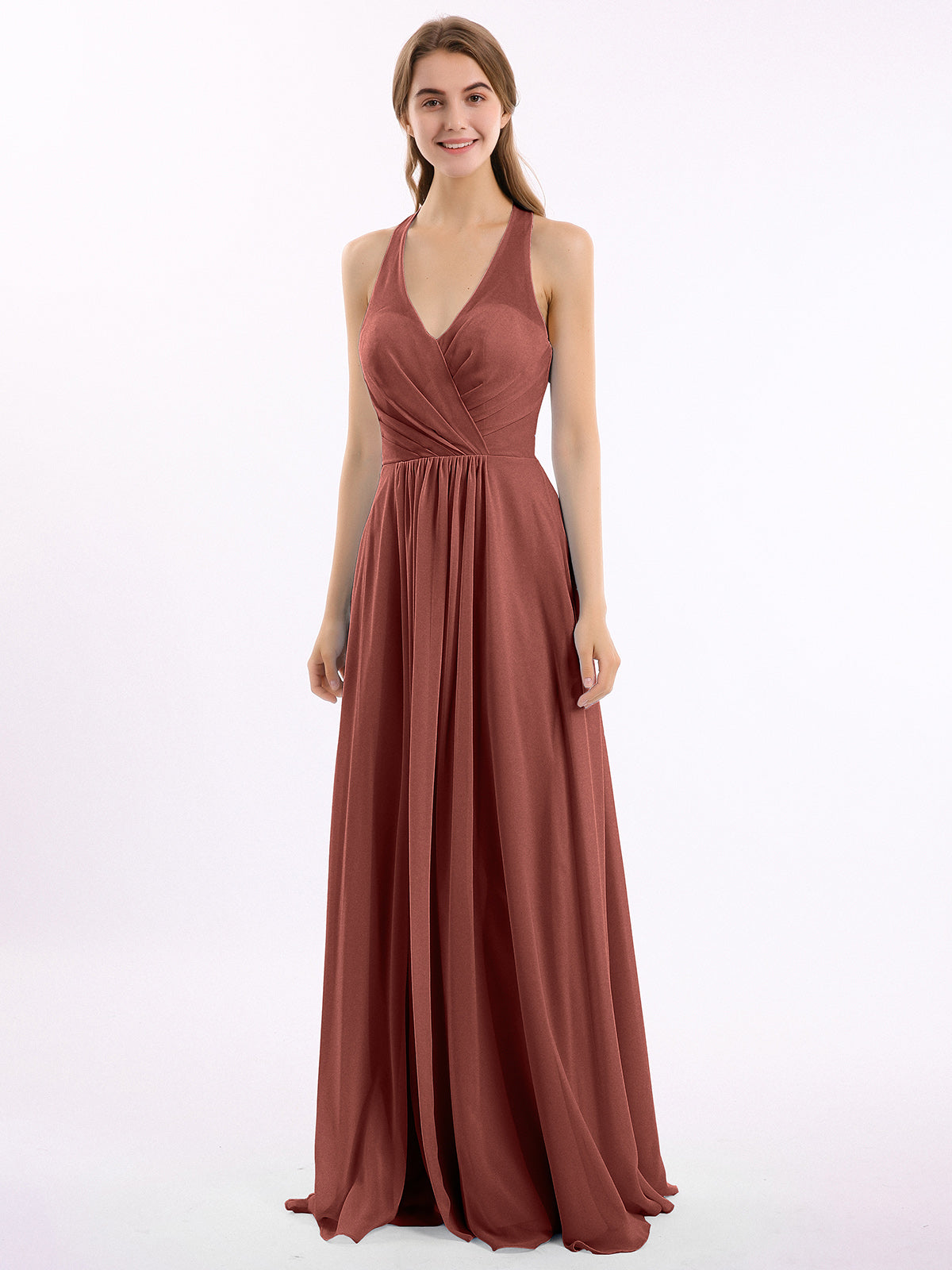 Vestido de chiffon con escote en V y tirantes de lazo Terracota Tallas Grandes