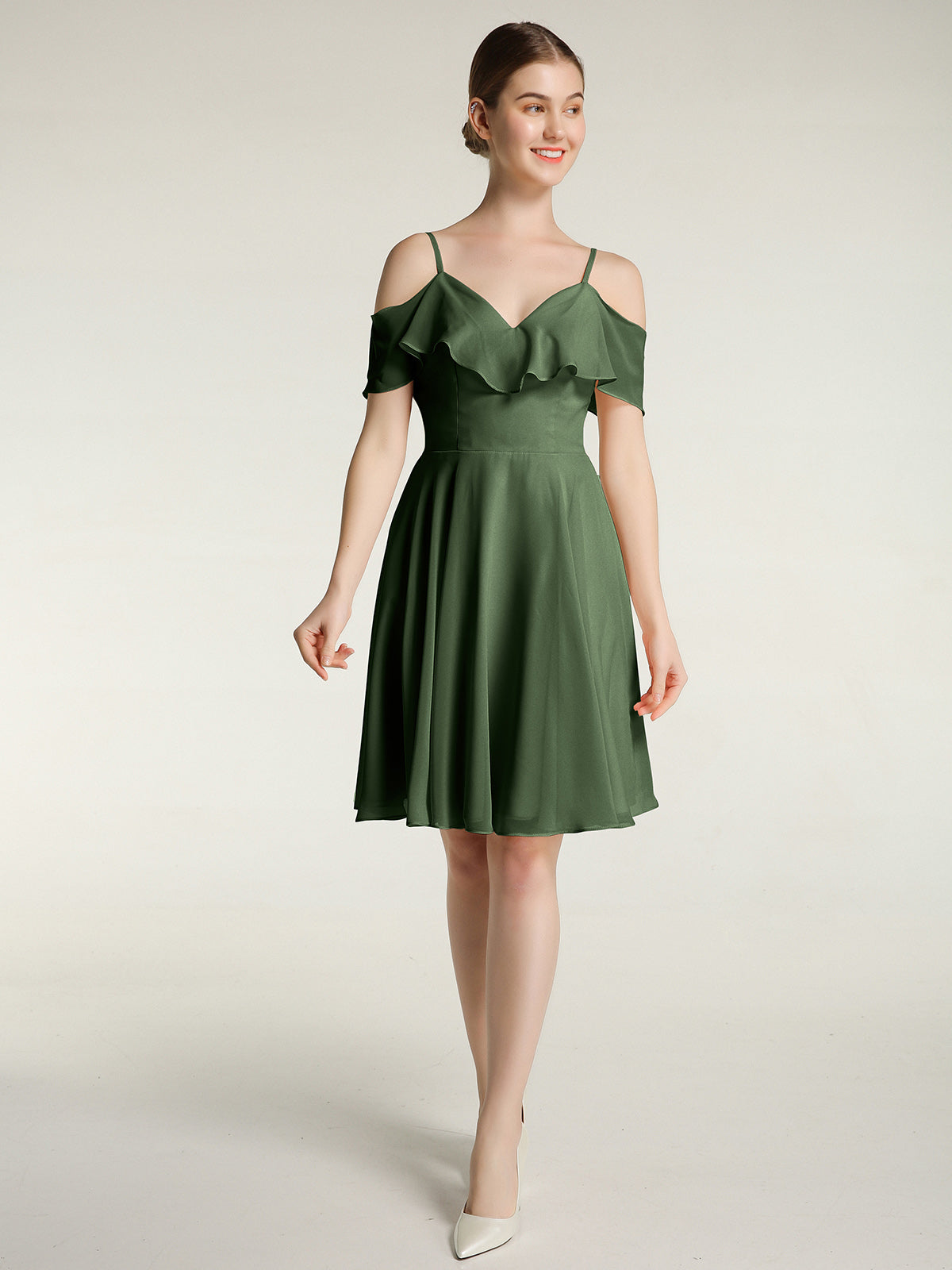 Vestidos cortos con escote en corazón y mangas con volantes Verde Oliva Tallas Grandes