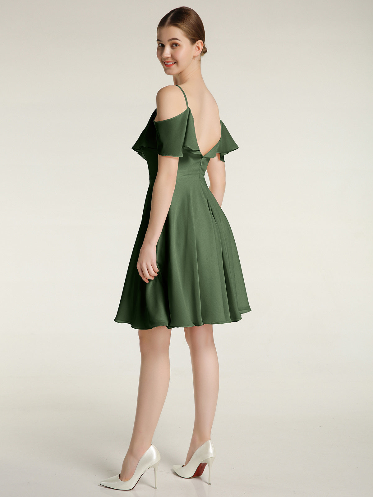 Vestidos cortos con escote en corazón y mangas con volantes Verde Oliva Tallas Grandes