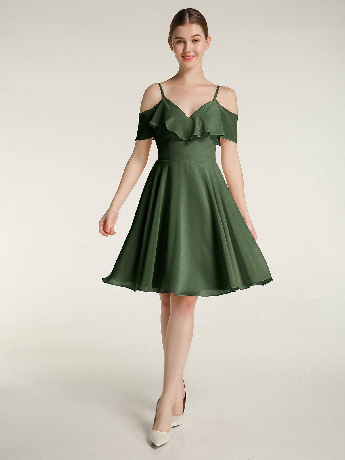 Vestidos cortos con escote en corazón y mangas con volantes Verde Oliva Tallas Grandes
