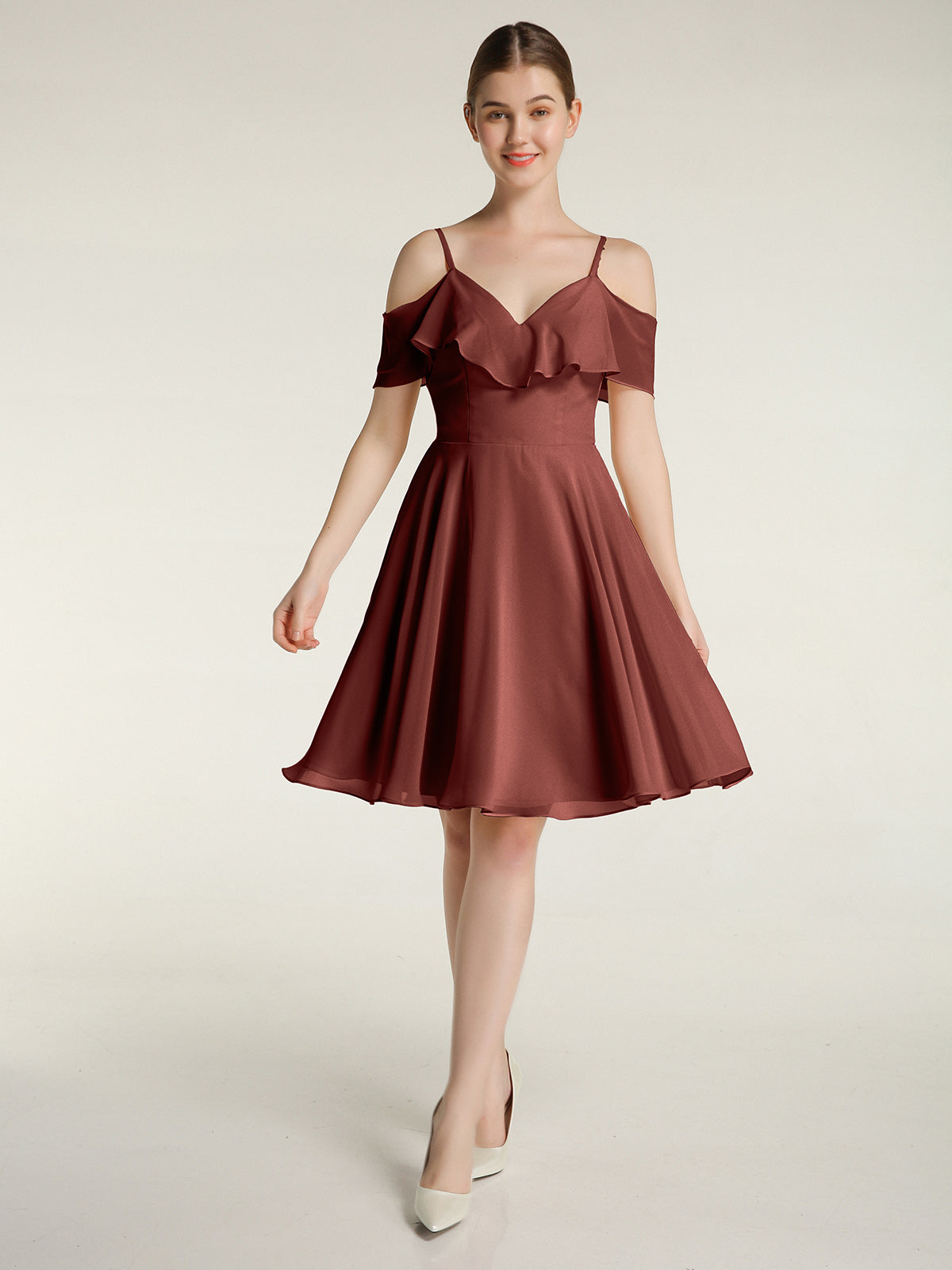 Vestidos cortos con escote en corazón y mangas con volantes Terracota Tallas Grandes