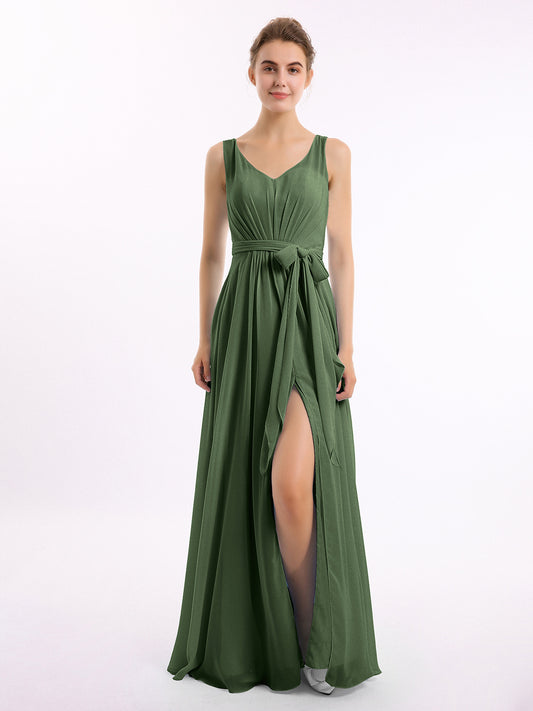 Vestidos largos de chiffon con escote en V y cinturón de lazo con abertura Verde Oliva