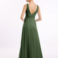 Vestidos largos de chiffon con escote en V y cinturón de lazo con abertura Verde Oliva