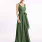 Vestidos largos de chiffon con escote en V y cinturón de lazo con abertura Verde Oliva