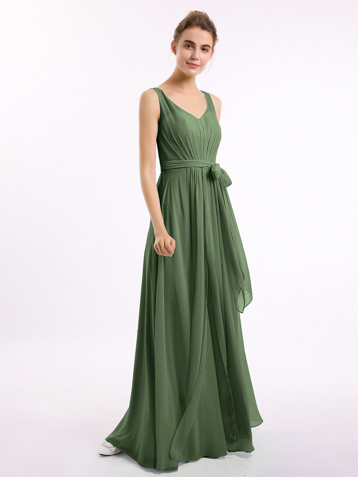 Vestidos largos de chiffon con escote en V y cinturón de lazo con abertura Verde Oliva