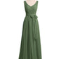 Vestidos largos de chiffon con escote en V y cinturón de lazo con abertura Verde Oliva