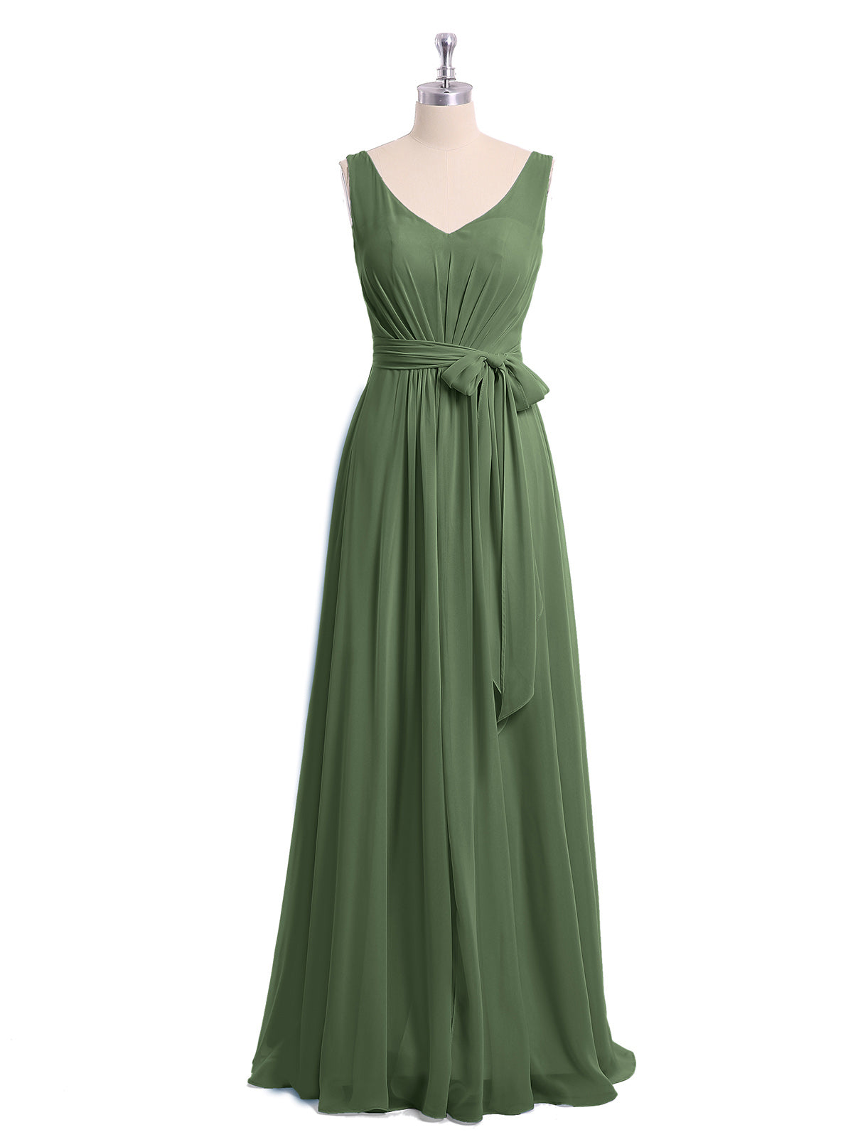 Vestidos largos de chiffon con escote en V y cinturón de lazo con abertura Verde Oliva