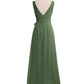 Vestidos largos de chiffon con escote en V y cinturón de lazo con abertura Verde Oliva