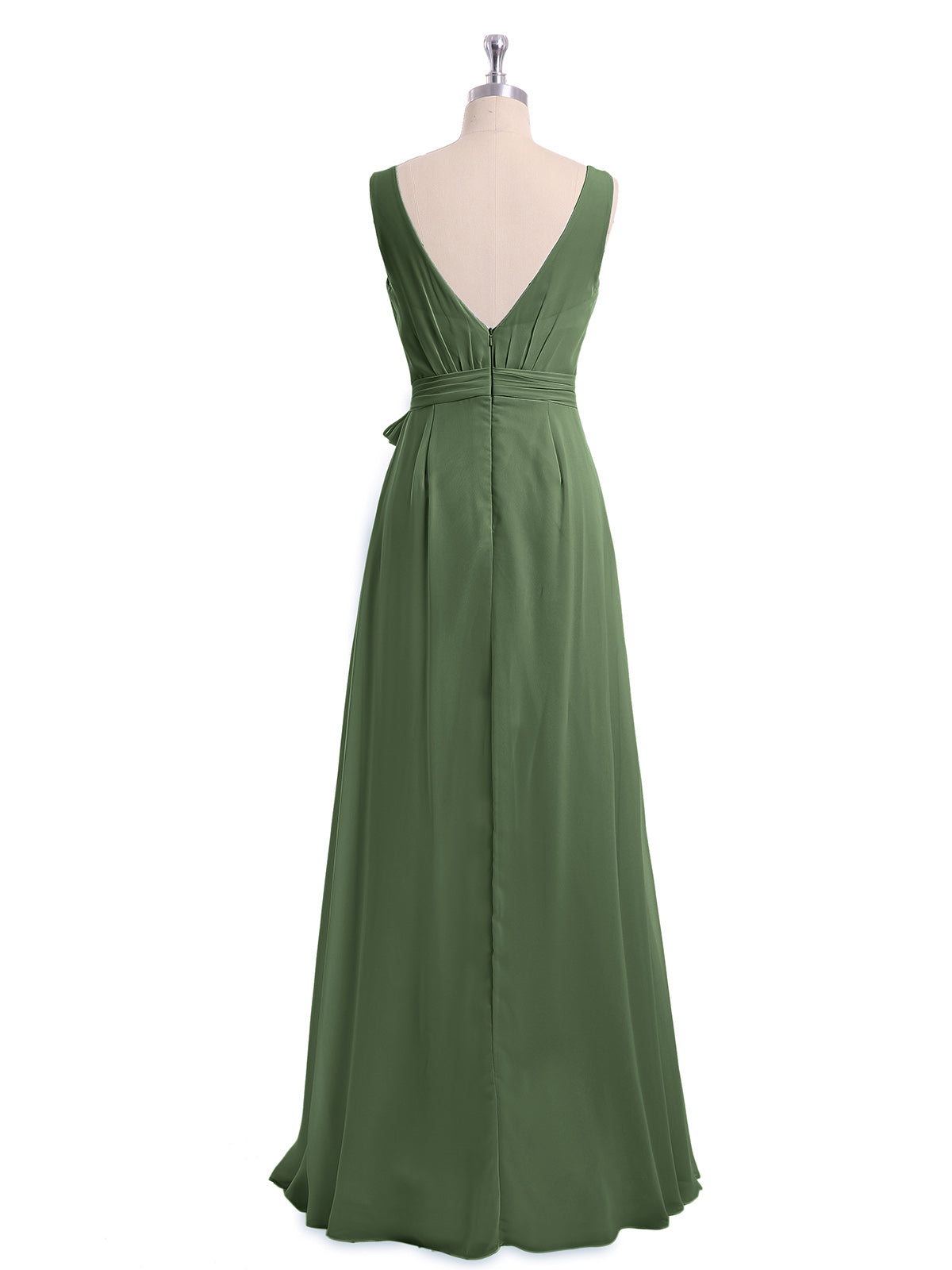 Vestidos largos de chiffon con escote en V y cinturón de lazo con abertura Verde Oliva