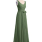 Vestidos largos de chiffon con escote en V y cinturón de lazo con abertura Verde Oliva