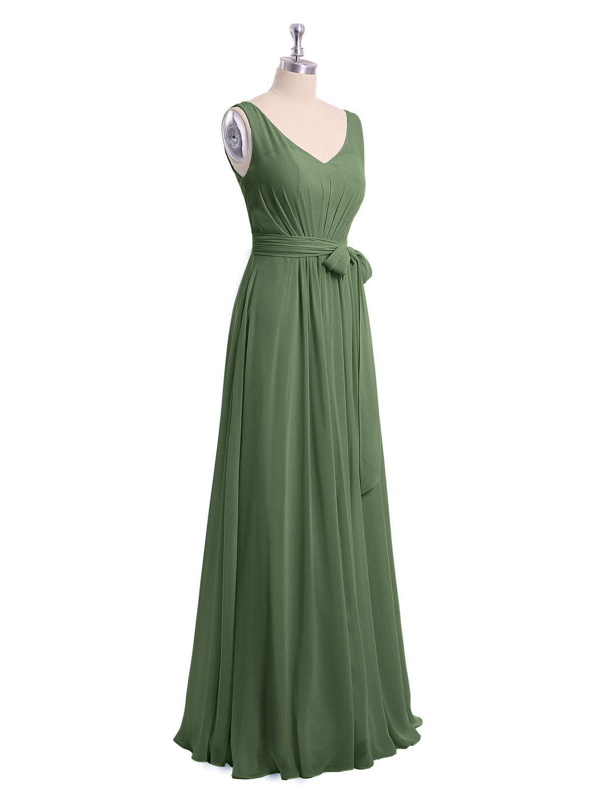 Vestidos largos de chiffon con escote en V y cinturón de lazo con abertura Verde Oliva