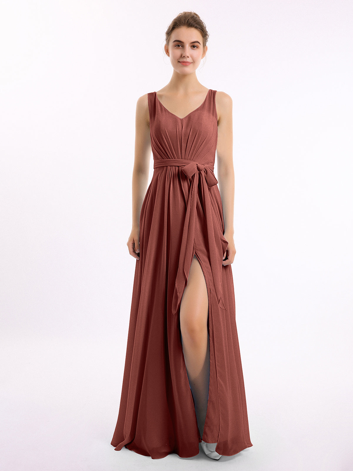 Vestidos largos de chiffon con escote en V y cinturón de lazo con abertura Terracota Tallas Grandes