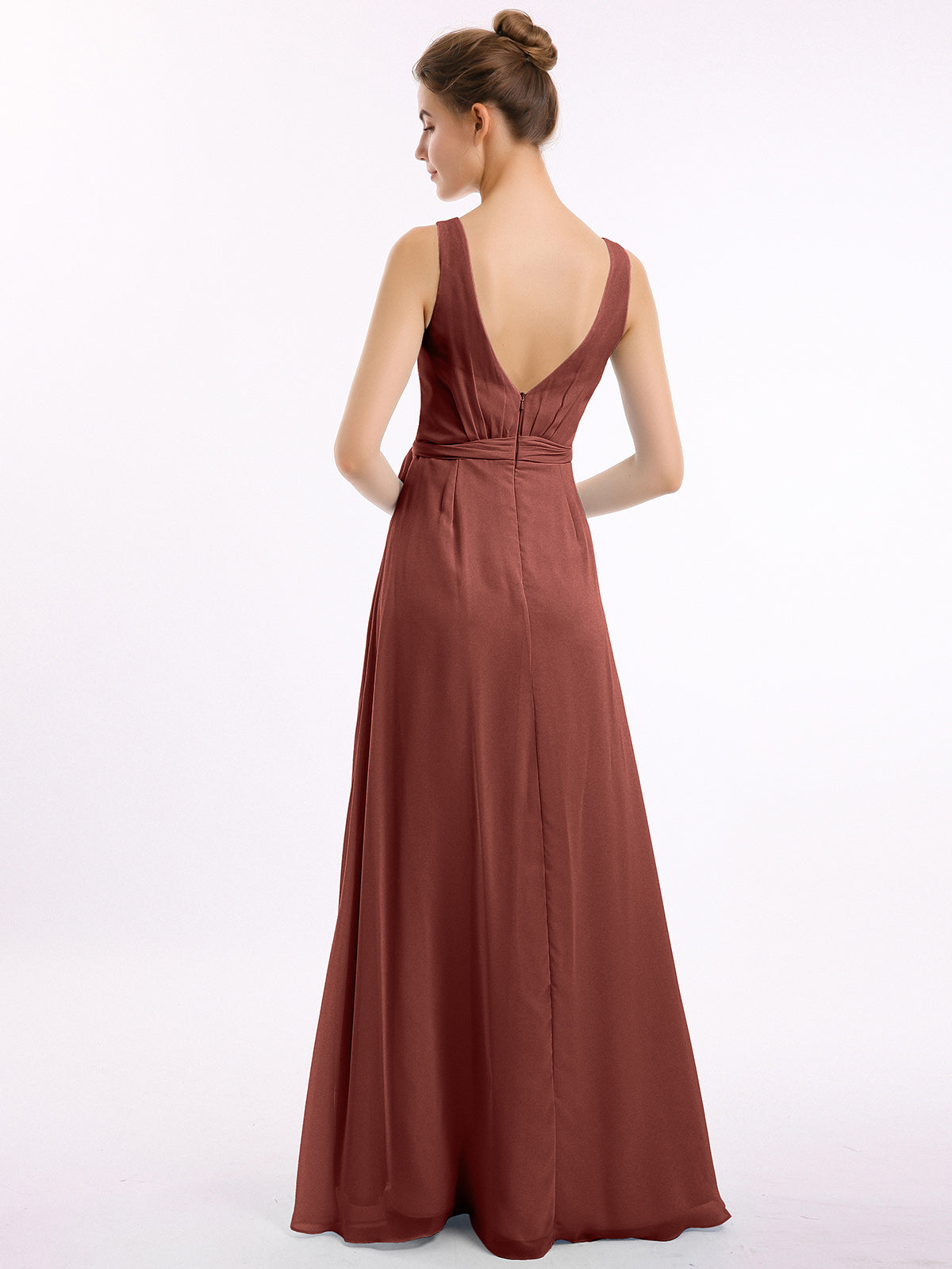 Vestidos largos de chiffon con escote en V y cinturón de lazo con abertura Terracota Tallas Grandes