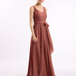 Vestidos largos de chiffon con escote en V y cinturón de lazo con abertura Terracota Tallas Grandes
