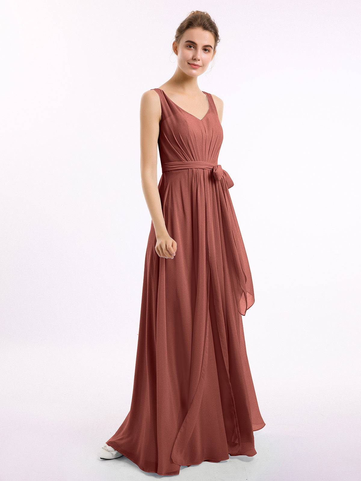 Vestidos largos de chiffon con escote en V y cinturón de lazo con abertura Terracota Tallas Grandes
