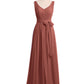 Vestidos largos de chiffon con escote en V y cinturón de lazo con abertura Terracota Tallas Grandes